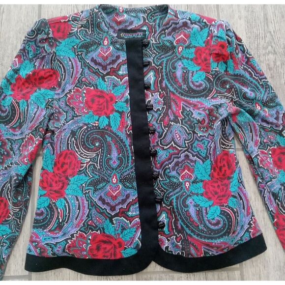 VTG Womens Floral All Over Print Button Up Long Sleeve Padded Shoulder Oriental - Picture 2 of 8